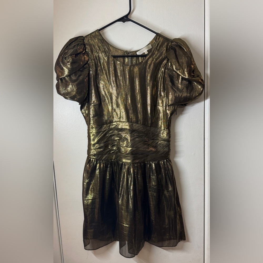 LoveShackFancy Gold Metallic Black Silk Blend Mercy Puff Sleeve Mini Dress 4